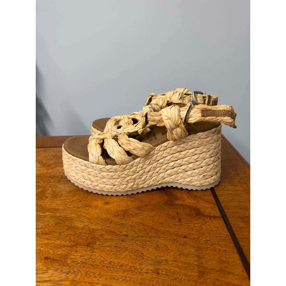 Free People Woven Raffia Platform Sandals Tan Espadrille Wedge Made in Spain 36